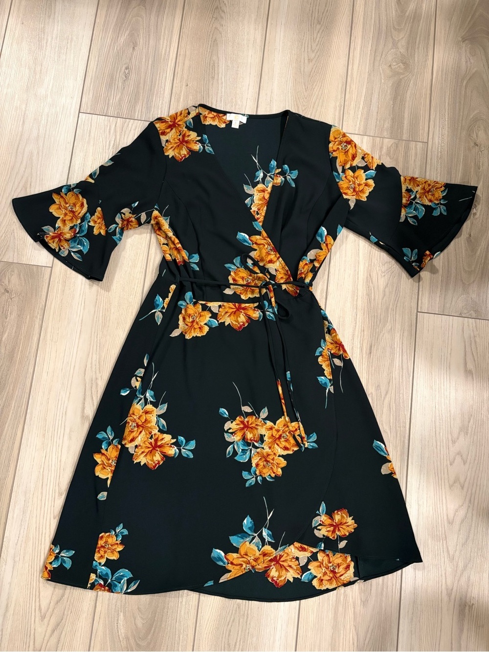 C Navy Wrap Dress with Golden Yellow Floral Print